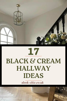 black and cream hallway decor with white roses in vases, chandelier and wooden flooring