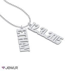 Modern and bold, our hanging varsity name necklace design features 1 to 3 meaningful name charms with up to 10 characters in a playful all-capital style. This standout piece celebrates your name, handle, hashtag, birth date, and more. Personalize yours with a combination of letters, numbers, and symbols, and a choice of sterling silver or 10K or 14K white, yellow, or rose gold. Perfect on its own or layered with other necklaces, complete this necklace with your choice of chains to suit your styl Anniversary Nameplate Necklace With Charms, Father's Day Silver Custom Name Necklace, Silver Nameplate Necklace With Charms, Meaningful Names, Metal Necklaces, Name Necklace, Necklace Designs, Or Rose, Rose Gold