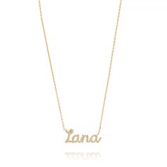 The RIAVA DIAMOND SCRIPT Name Necklace features the name of your choice in a dainty script font with handset diamonds. A 6 character name measures approximately 1" width and 1/4" height. Please note that the starting price applies to a 2-letter name, each additional letter features an up-charge. Due to its custom nature, please allow 4-5 weeks for this item to ship. Gold Diamond Name Necklace, Gold Necklaces With Names In Diamond, Gold Diamond Necklaces With Names, 2 Letter, Character Names, Script Font, Name Necklace, Diamonds, White Gold