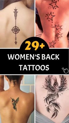 women's back tattoos with different designs on them