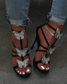 Open Toe Sandals Heels, Zebra Print Heels, Butterfly Heels, Butterfly Sandals, High Heels Classy, Heeled Espadrilles, Heels Classy, Surprise Box, Rhinestone Sandals