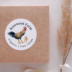 a brown box with a sticker that says, rosewood farm organic i free range