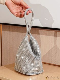 BirdinBag - Stylish Rhinestone Embellished Mini Evening Bag Party Tote Shoulder Bag With Rhinestones, Silver Rhinestone Pouch Bag, Embellished Silver Top Handle Bag, Silver Embellished Top Handle Bag, Novelty Bags, Evening Bags, Top Handle, Silver, Pattern