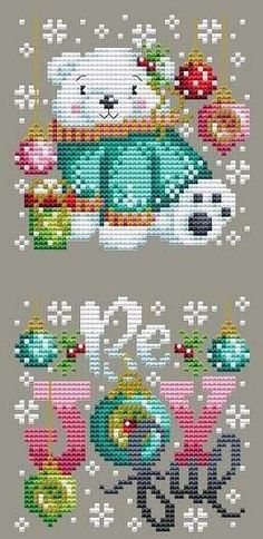 a cross stitch pattern with a teddy bear and christmas decorations on it's side