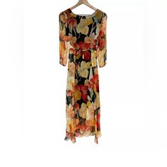 Apaim Ports Vintage Silk Floral Maxi Dress Size 6 Hippie Artsy Detachable Accent Pretty Floral Pattern 100% Silk Dress. Sheer Long Sleeves. Size: M The Back Panel Has Ties That Can Wrap Around The Front Of The Dress. Orange Silk Dress With Floral Print, Orange Silk Midi Dress For Spring, Floral Maxi, Vintage Silk, Floral Maxi Dress, Wrap Around, Silk Dress, Orange Black, Floral Pattern