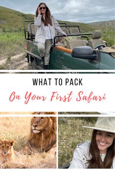 a woman sitting on the back of a green truck next to a lion and other animals