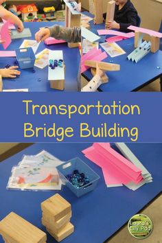 children are playing with construction paper and building blocks on the table in front of them