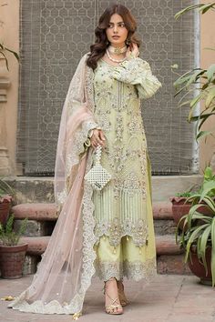 Light Yellow Hand Embellished Kameez And Trousers Pakistani Party Dress Raw Silk Fabric, Pakistani Salwar Kameez, Chiffon Collection, Maria B, Eid Collection, Pakistani Designers, Suit Fabric, Luxury Collection, 3 Piece Suits