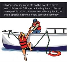 an image of two people on a boat being pulled by a life preserver and rope