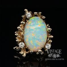 14 karat yellow gold 5ct opal and diamond rustic ring Opal Crystal, Quality Diamonds, Intense Colors, Round Brilliant Cut Diamond, Natural Crystals, Violet, Gold Rings, Opal, Yellow Gold