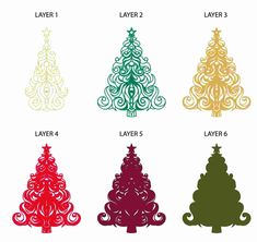 four different types of christmas trees with the names layer 1, layer 2 and layer 3