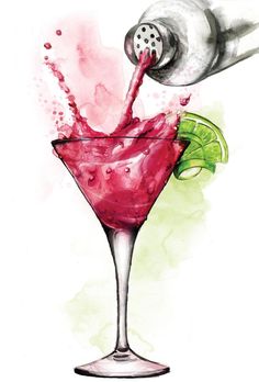 a watercolor painting of a cocktail being poured into a martini glass with lime wedges