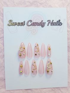 These cute press on nails you will love. Display nails are in Medium Stiletto. Hi and Welcome everyone! I hope you enjoy taking a look at all our nail designs. I sell LUXURY press on nails that are reusable. We use Apres Gel X nail tips and Korean gel products. Just know you are getting high quality LUXURY press on nails that are custom made by me, Destiny. Each set comes with everything you need to prep as well. We always want to make sure you are getting the best quality press on nails out the Gender Reveal Nails, Cute Press On Nails, Gel X Nail, Medium Stiletto, Luxury Press On Nails, Getting High, Pink Moon, Nail Sizes, Moon And Stars