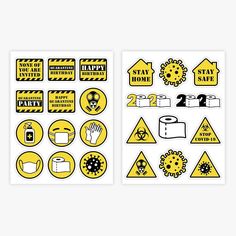 two yellow and black stickers with different symbols on them, one is for the safety zone