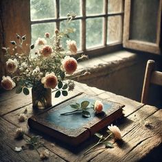 an old book with flowers in it on a wooden table next to a window sill