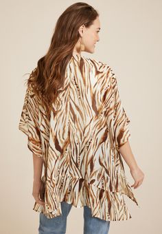 Zebra Kimono - Materials & Care:imported - 100% polyester - machine wash Printed Brown Tops For Vacation, Brown Printed Tops For Vacation, Beach Printed Brown Blouse, Casual Summer Blouse With Zebra Print, Beach Blouse With Brown Print, Brown Tiger Print Top For Spring, Zebra Print Summer Vacation Top, Brown Tiger Print Tops For Spring, Spring Zebra Print Tops For Beach