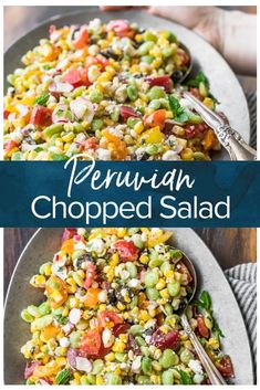 a plate full of chopped salad with the words peruvian chopped salad on top and bottom