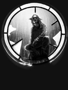 a black and white photo of a man sitting in front of a clock with rain coming down