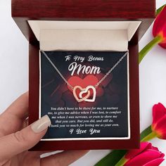 Gift for Bonus Mom -Thank You for Loving Me as Your Own Interlocking Hearts Pendant Necklace - Mallard Moon Gift Shop To My Bonus Mom, Thank You For Loving Me, Bonus Mom, Interlocking Hearts, Two Hearts, Luxury Boxes, Special Birthday, Stunning Necklace, Message Card