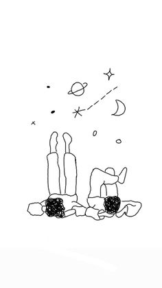 a drawing of two people sitting on the ground with stars and planets in the sky