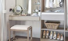 there is a dressing table with shoes on it