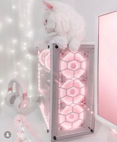 a white cat is sitting on top of a pink light - up case in the corner of a room