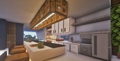 a modern kitchen with white cabinets and wood accents on the ceiling is seen in this image