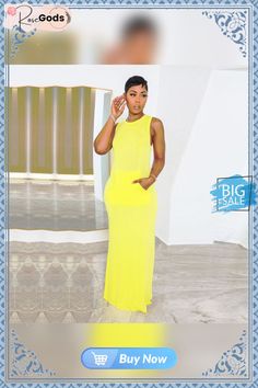 Sleeveless Solid Color Maxi Dress Yellow Sleeveless Maxi Dress For Day Out, Yellow Sleeveless Midi Dress For Day Out, Casual Yellow Sleeveless Maxi Dress, Yellow Sleeveless Beach Dress, Dresses By Length, Long Maxi Dress, Women's Fashion Dresses, Fashion Dresses, Solid Color