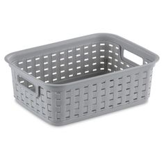 a gray plastic basket on a white background