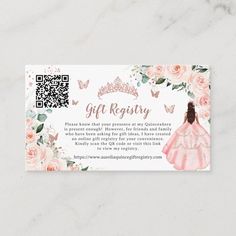 a business card with pink roses and a girl in a princess dress on the front