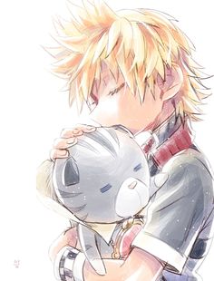 an anime character holding a stuffed animal in his arms and hugging it's face