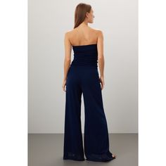 Blue chiffon (100% Polyamide). Jumpsuit. Sleeveless. Strapless. Pull on. See size and fit notes for length measurements. Imported. Chic Summer Strapless Elastane Jumpsuit, Chic Strapless Elastane Jumpsuit For Summer, Chic Strapless Jumpsuit For Summer, Summer Formal Chiffon Jumpsuits And Rompers, Summer Strapless Elastane Jumpsuit, Elegant Bandeau Jumpsuits And Rompers For Party, Summer Formal Strapless Halter Neck Jumpsuit, Formal Strapless Halter Neck Jumpsuit For Summer, Stretch Strapless Jumpsuit For Parties