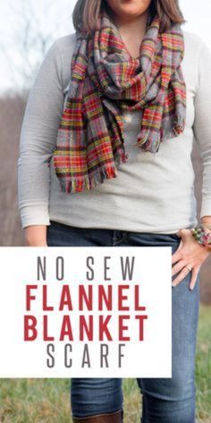 a woman holding a sign that says no sew flannel blanket scarf