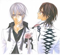 two anime characters are standing next to each other and one is holding a rose in his hand