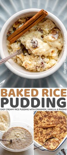 baked rice pudding in a bowl with cinnamon sticks