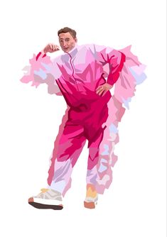 a man in pink jumpsuits and white shoes is standing with his hands on his hips