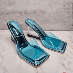 Comes With Box, Dust Bag, Some Box Is A Bit Dirty But Everything Inside Is Clean. Blue Wedge Sandals, Glass Heels, American Shoes, Clear Block Heels, Lucite Heels, Blue Wedges, Cinderella Shoes, Ankle Strap Shoes, Pink Sandals