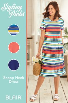 Let’s get ready for Funshine! This striped dress has all the colors that take us to sunny days, blue skies and happy celebrations. It’s designed with roomy J-pockets, a below-the-knee length and in a soft, easy-care knit – yours is waiting for you here! Happy Celebrations, Casual Short Sleeve Dress, Scoop Neck Dress, Cuff Detail, Blue Skies, Dress With Pockets, Sunny Day, Striped Dress, Sunny Days