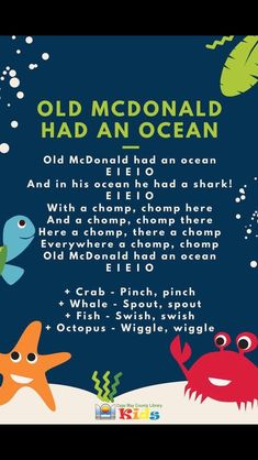 an old mcdonald had an ocean poem with sea animals and fish in the water,