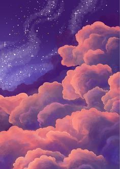 the sky is filled with clouds and stars as if they were floating in the air