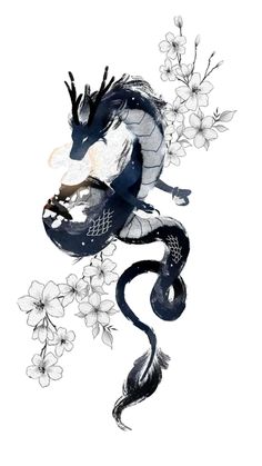 a black and white dragon with flowers on it's back