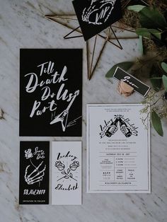 the wedding stationery was done in black and white