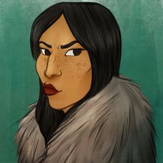 a drawing of a woman with black hair and brown eyes wearing a fur coat, against a green background