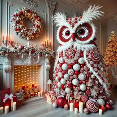 an owl made out of christmas decorations in front of a fireplace with candles and wreaths