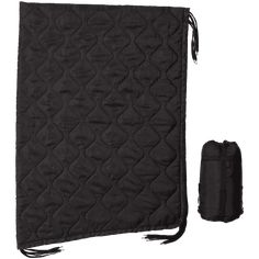 a black quilted bag with a drawstring on the side and an empty pouch next to it