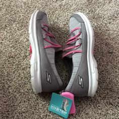 Nwt Skechers Goga Step Slip In Sneaker. Gray With Pink Crisscrossed Shoe Lace. Never Worn From A Smoke Free And Pet Free Home Pink Leather Shoes, Black Slip On Sneakers, Yellow Sneakers, Skechers Relaxed Fit, Green Sneakers, Skechers Women, Grey Shoes, Lacing Sneakers, Shoe Lace