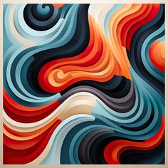 an abstract painting with wavy lines and shapes in red, blue, orange and white