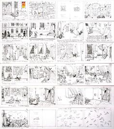 an animation storyboard with various scenes and characters in it, all drawn by hand