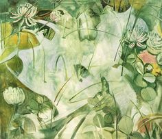 an abstract painting with green and white flowers