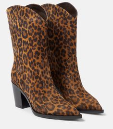 Denver Leopard Print Leather Boots in Multicoloured - Gianvito Rossi | Mytheresa Mid Heel Ankle Boots, Womens Designer Boots, Rossi Shoes, Velvet Boots, Footwear Design Women, Small Crossbody Bag, Designer Boots, Heeled Ankle Boots, Printed Leather